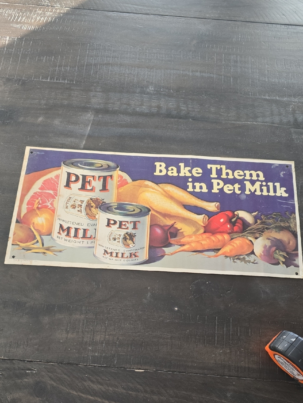 Vintage Metal Pet Milk Sign. Used. Holes For Hanging.